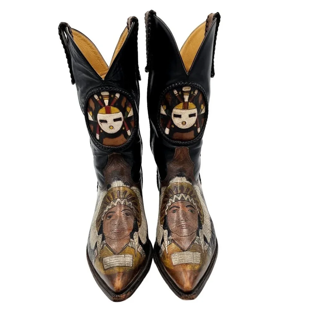 Custom 9D Hand Tooled/ Painted Native American Chief boots Vintage 1995 Western - Picture 5 of 16